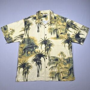 Tommy Bahama Button Up Camp Shirt Mens L Yellow Silk Tropical Tiger Loop Collar